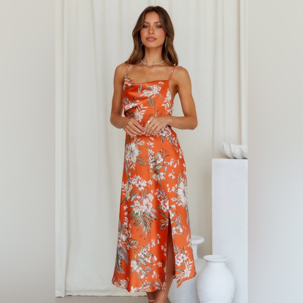 Orange Floral Midi Slip Dress with Cowl Neckline